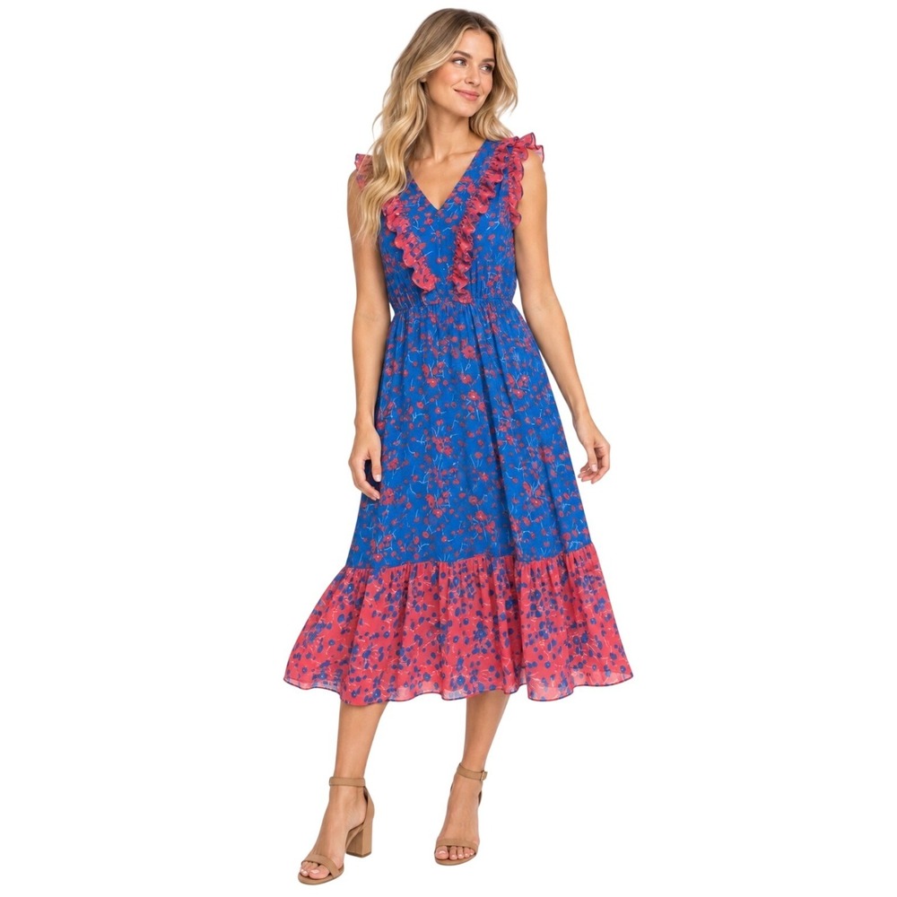 NWT Boden Blue Floral Ruffle V-Neck Midi Dress Petite 10P Sleeveless Tiered